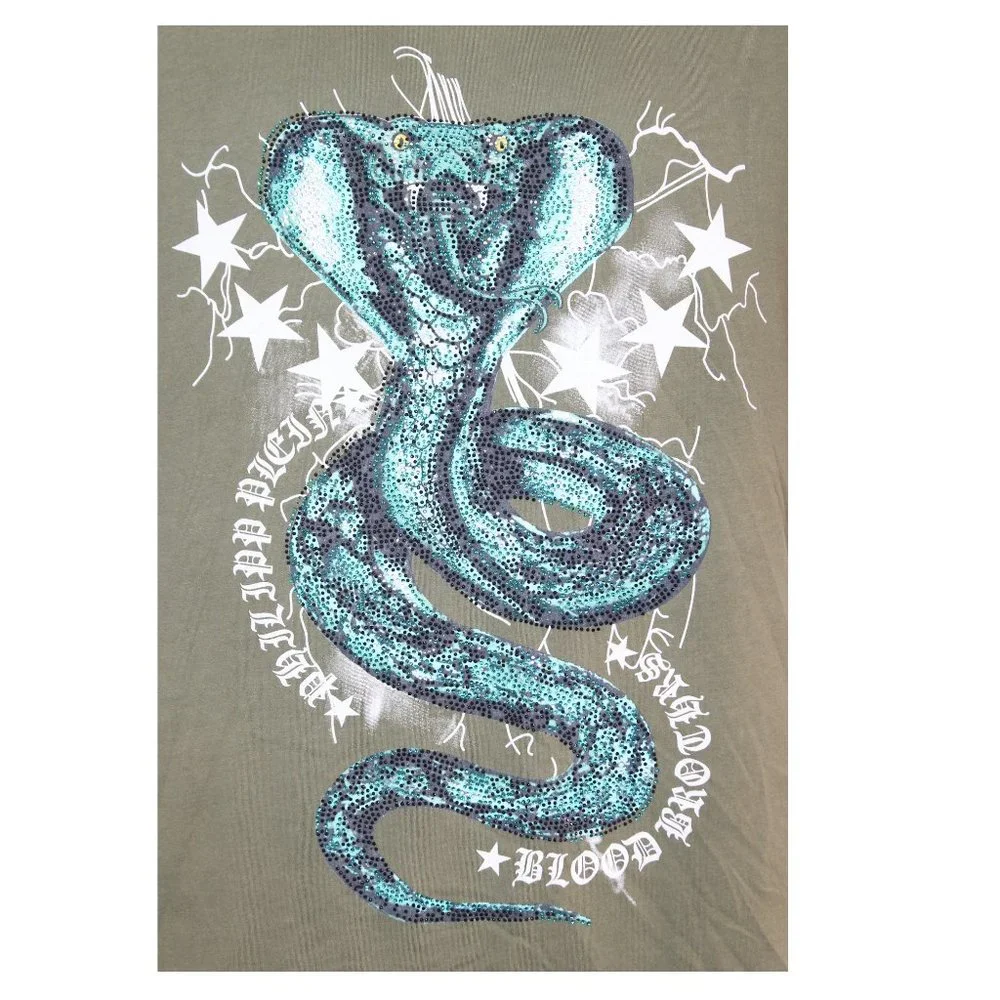 Xray Snake T-Shirt Large Green Khaki Cobra Graphic Print Diamantes Mens - Picture 2 of 7